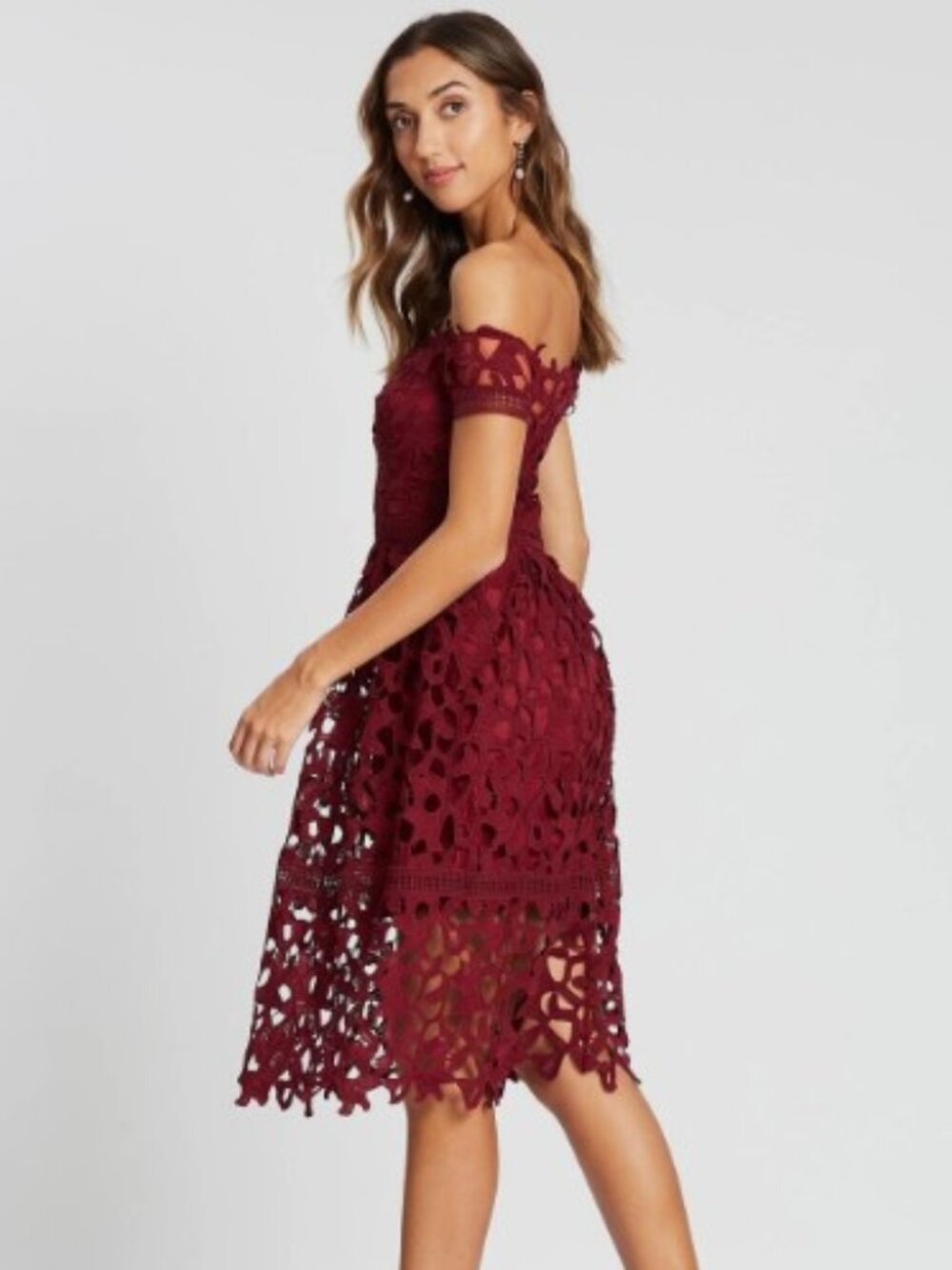 Chi Chi London Burgundy Lace Floral Midi Dress Off Shoulder Design Womens Size 6 - Picture 3 of 11